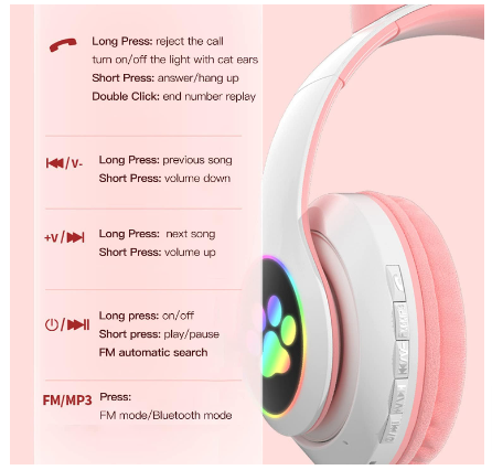 Auriculares Bluetooth Orejas De Gato RGB