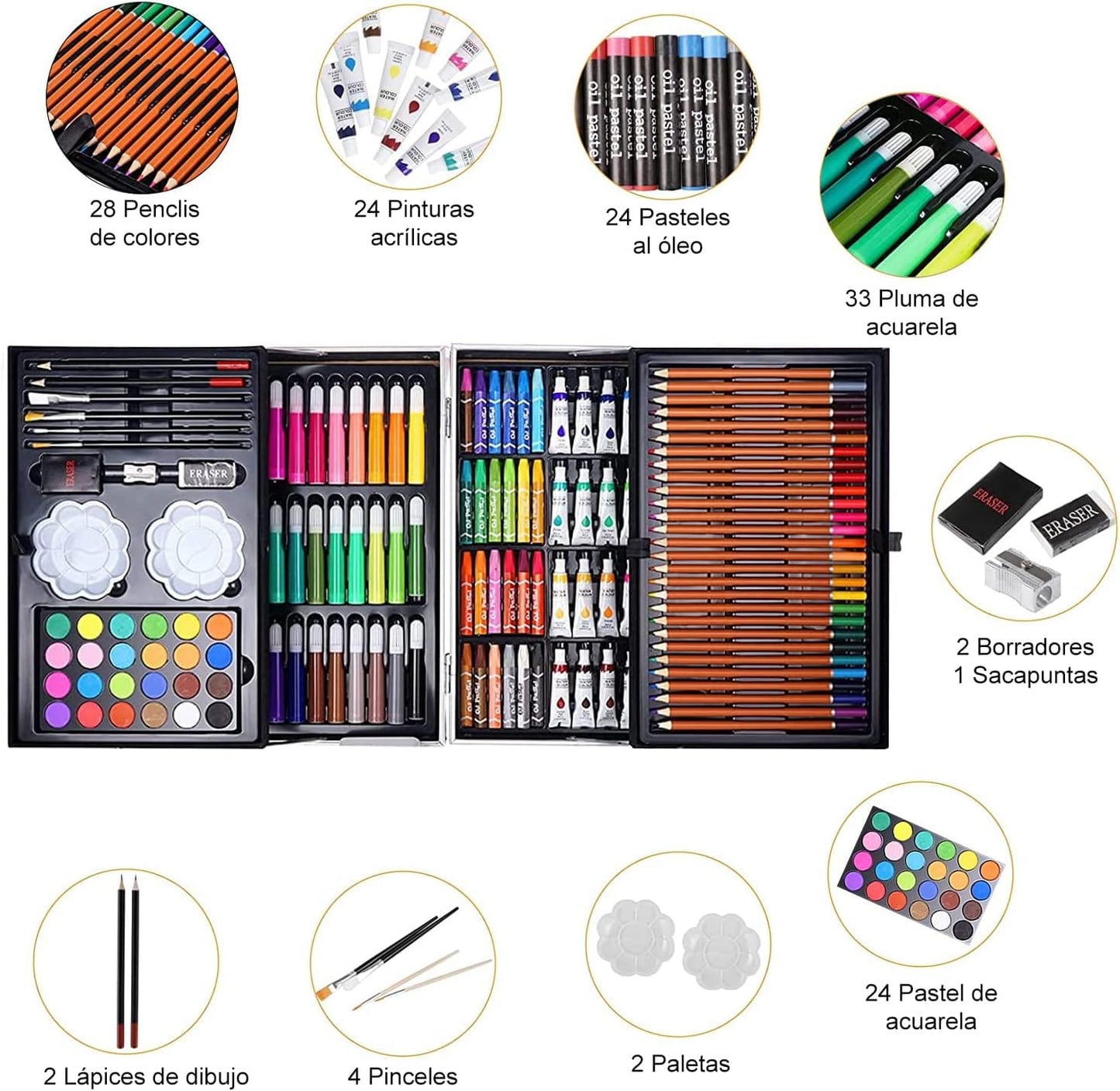 SET DE ARTE Y DIBUJO MALETA METÁLICA 145 PIEZAS🎨