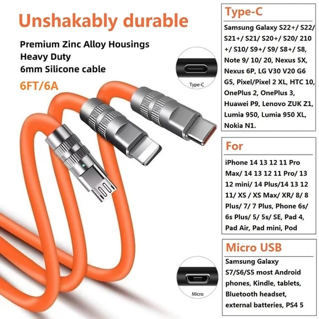 Cable 3 en 1, Súper Resistente y Ultra Rápido Siliconado de 7 Milimetros
