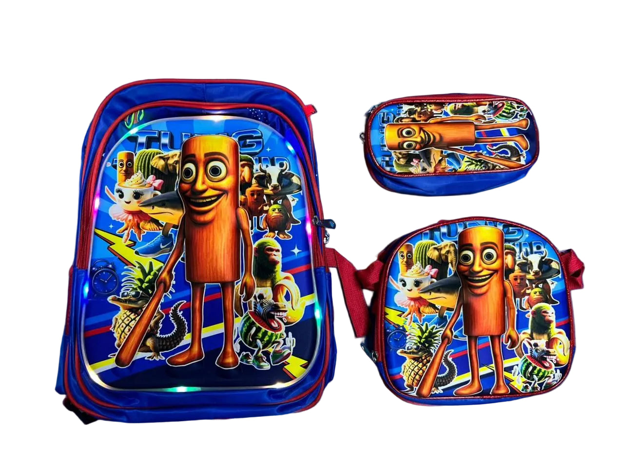 Set de Maleta Escolar Infantil x3 con Diseño 3D y Luces LED (Maleta + Lonchera + Cartuchera)