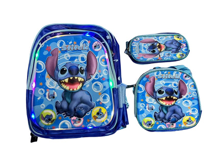 Set de Maleta Escolar Infantil x3 con Diseño 3D y Luces LED (Maleta + Lonchera + Cartuchera)