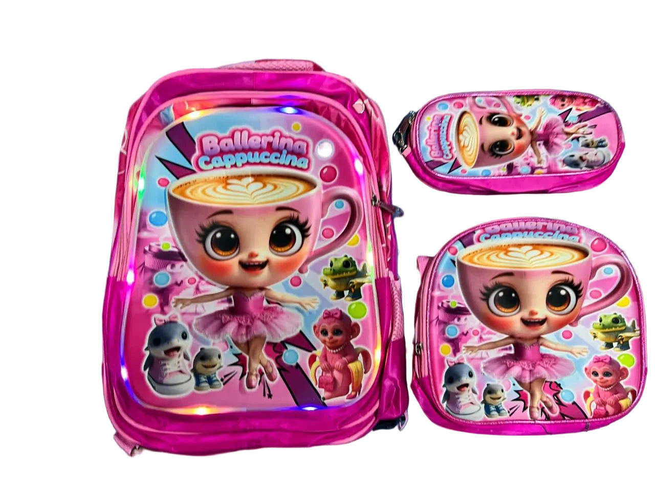 Set de Maleta Escolar Infantil x3 con Diseño 3D y Luces LED (Maleta + Lonchera + Cartuchera)