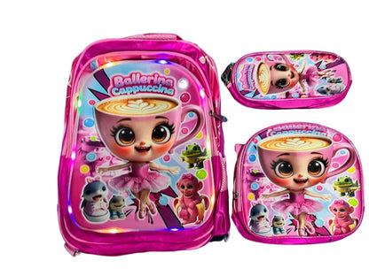 Set de Maleta Escolar Infantil x3 con Diseño 3D y Luces LED (Maleta + Lonchera + Cartuchera)